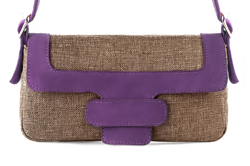 Caramel brown and amethyst purple women's dress handbag, matching pumps and belts. Profile view - Florence KOOIJMAN